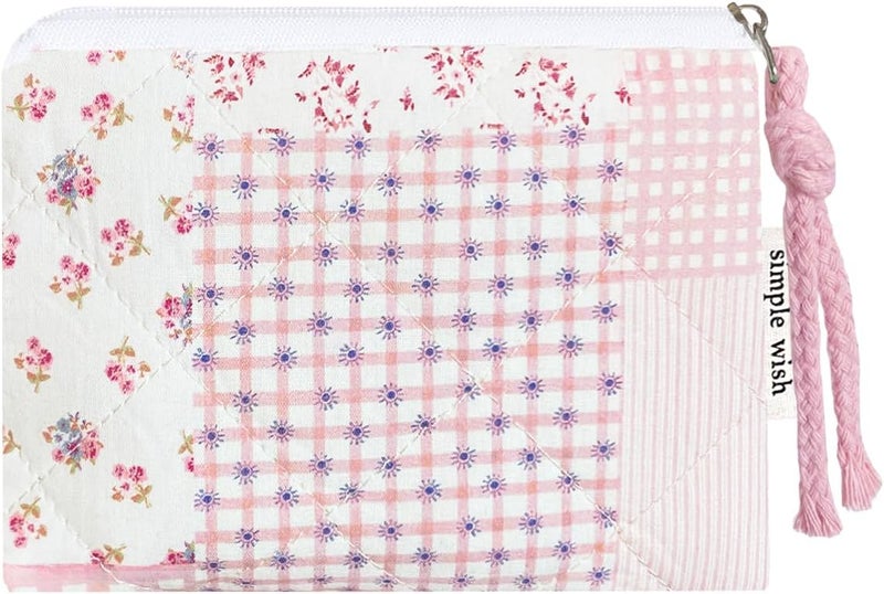 Modacarry Store Cotton Quilted Floral Coin Purse Digital Camera Pouch with Cute Prints Zipper for Women Girls (PINK PATCH) - Image 1